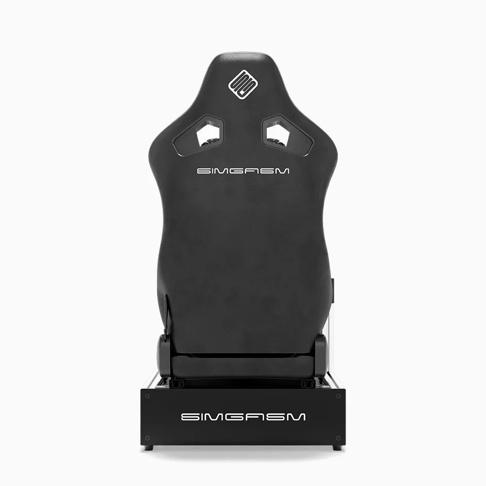 White SIMGASM Pro sim racing cockpit with MOZA gear and black reclining seat, direct rear view
