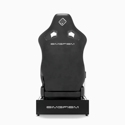 White SIMGASM Pro sim racing cockpit with MOZA gear and black reclining seat, direct rear view