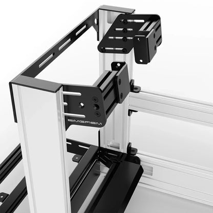 White SIMGASM Pro sim racing cockpit with side wheel mount, mounting hardware close-up