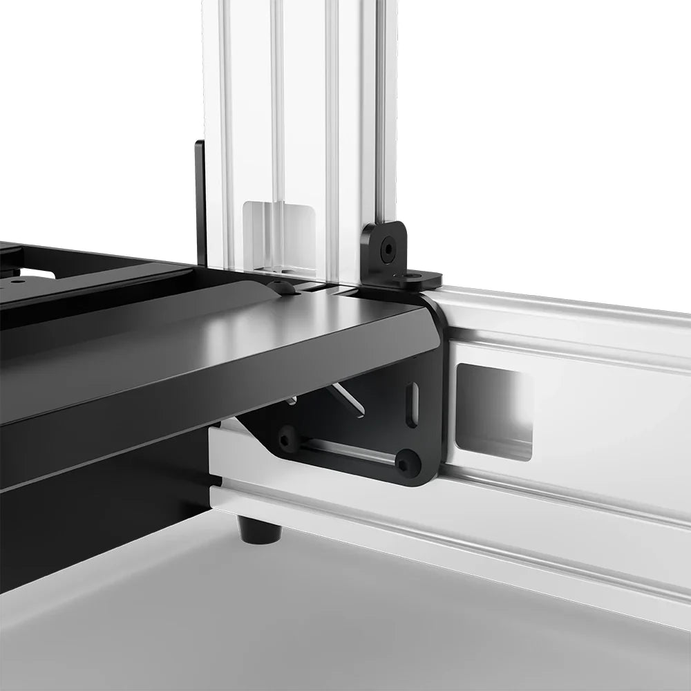 White SIMGASM Pro sim racing cockpit, close-up of a frame joint and triangular bracket
