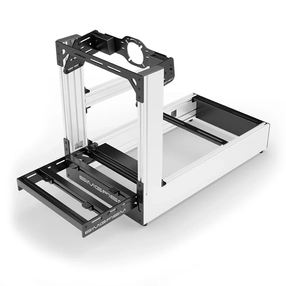 White SIMGASM Pro sim racing cockpit with front wheel mount, elevated front three-quarter view
