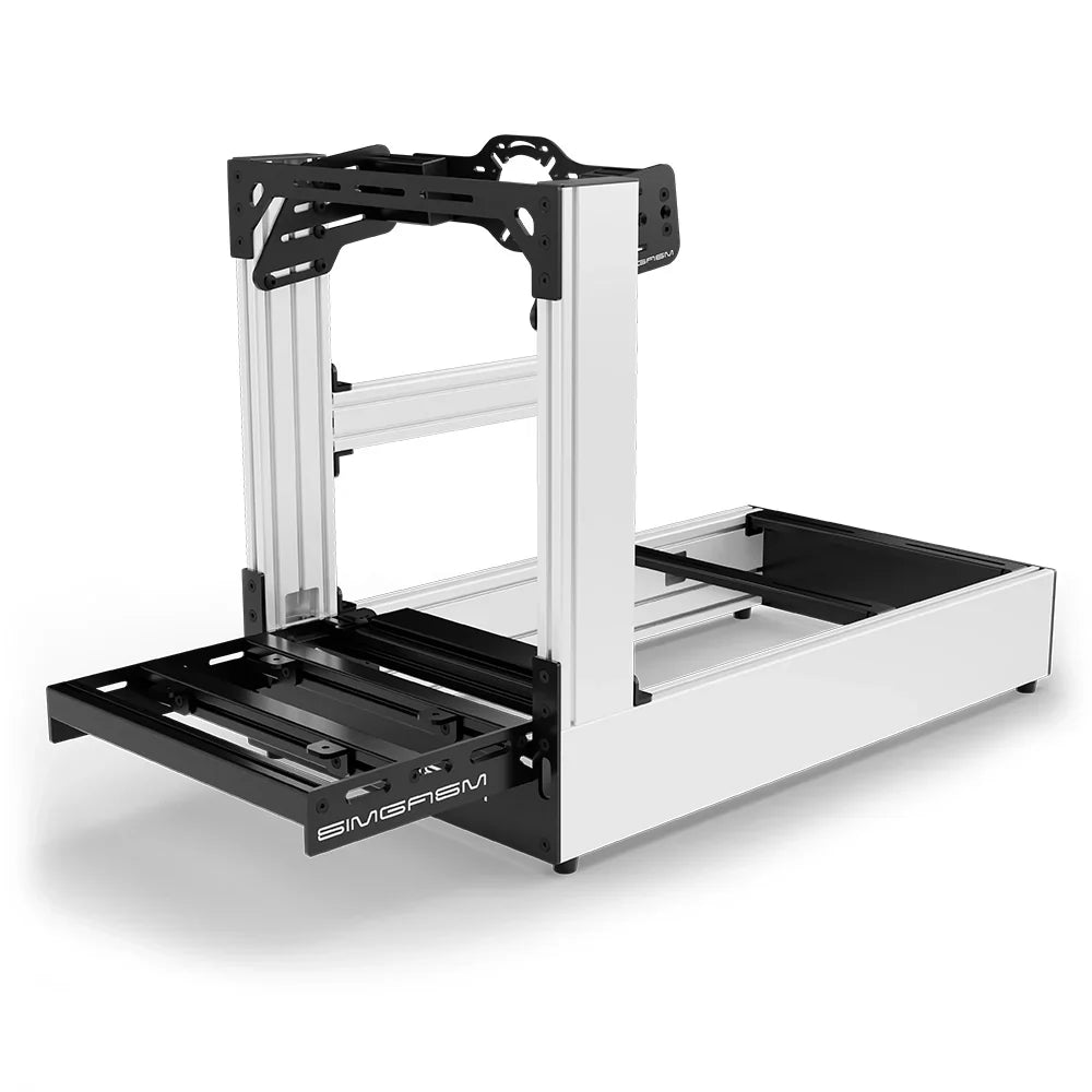 White SIMGASM Pro sim racing cockpit with front wheel mount, low front three-quarter view