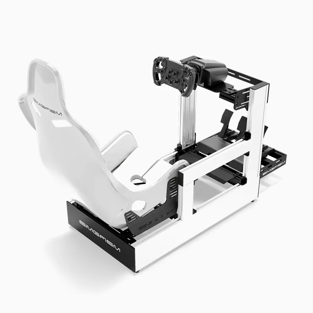 White SIMGASM Pro sim racing cockpit with MOZA gear and white Formula seat, rear three-quarter view