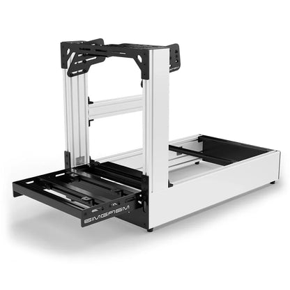 White SIMGASM Pro sim racing cockpit with bottom wheel mount, low front three-quarter view