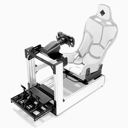 White SIMGASM Pro sim racing cockpit with MOZA gear and white Formula seat, front three-quarter with pedals