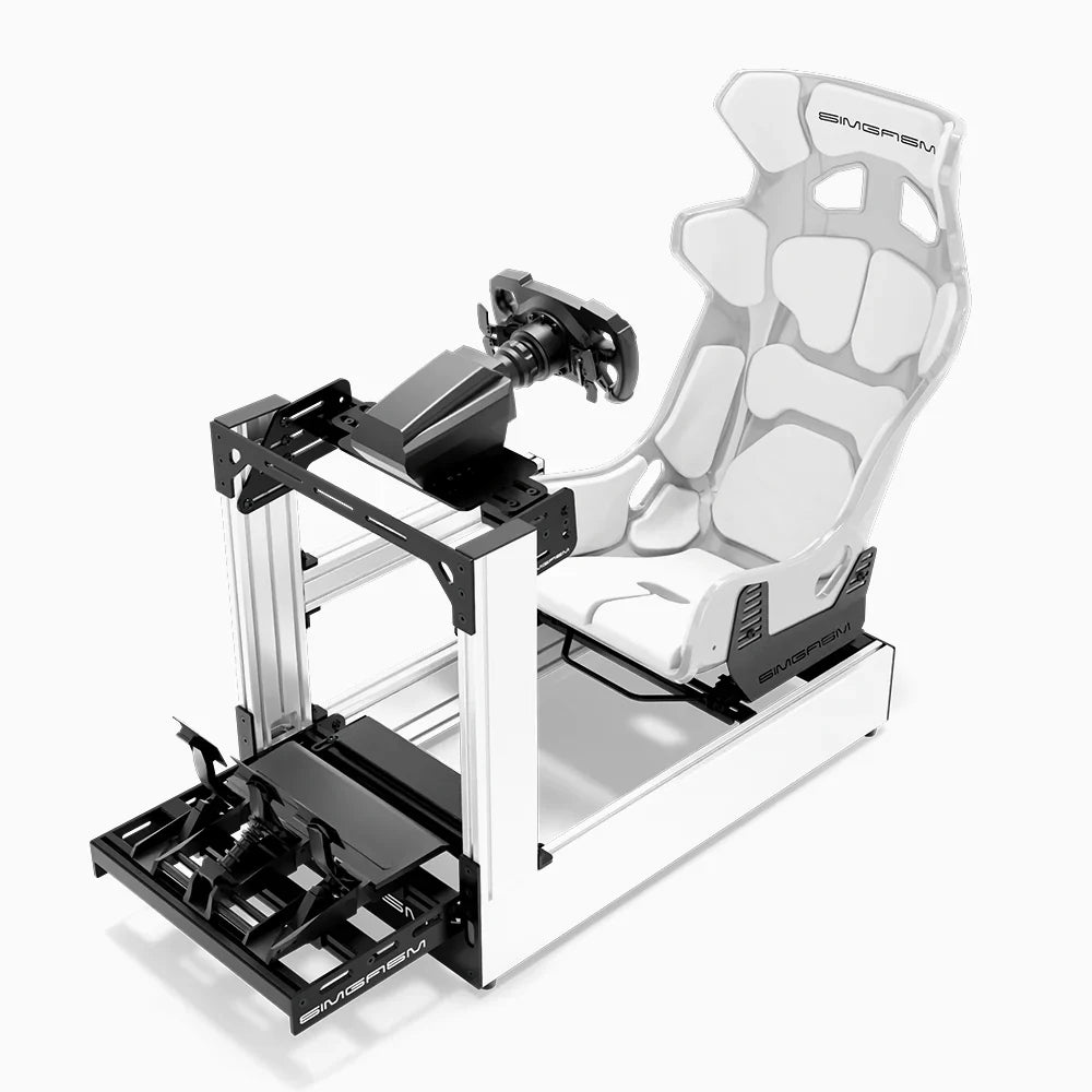 White SIMGASM Pro sim racing cockpit with MOZA gear and white GT seat, front three-quarter with pedals