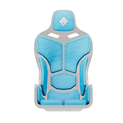 Black-shell SIMGASM Atlas Formula seat fitted with blue cushions in a front three-quarter view