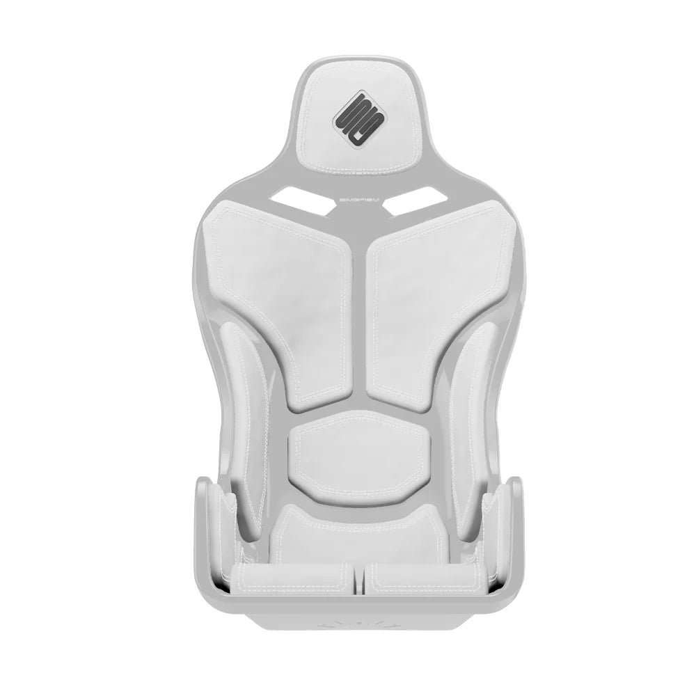 Black-shell SIMGASM Atlas Formula seat fitted with white cushions in a front three-quarter view