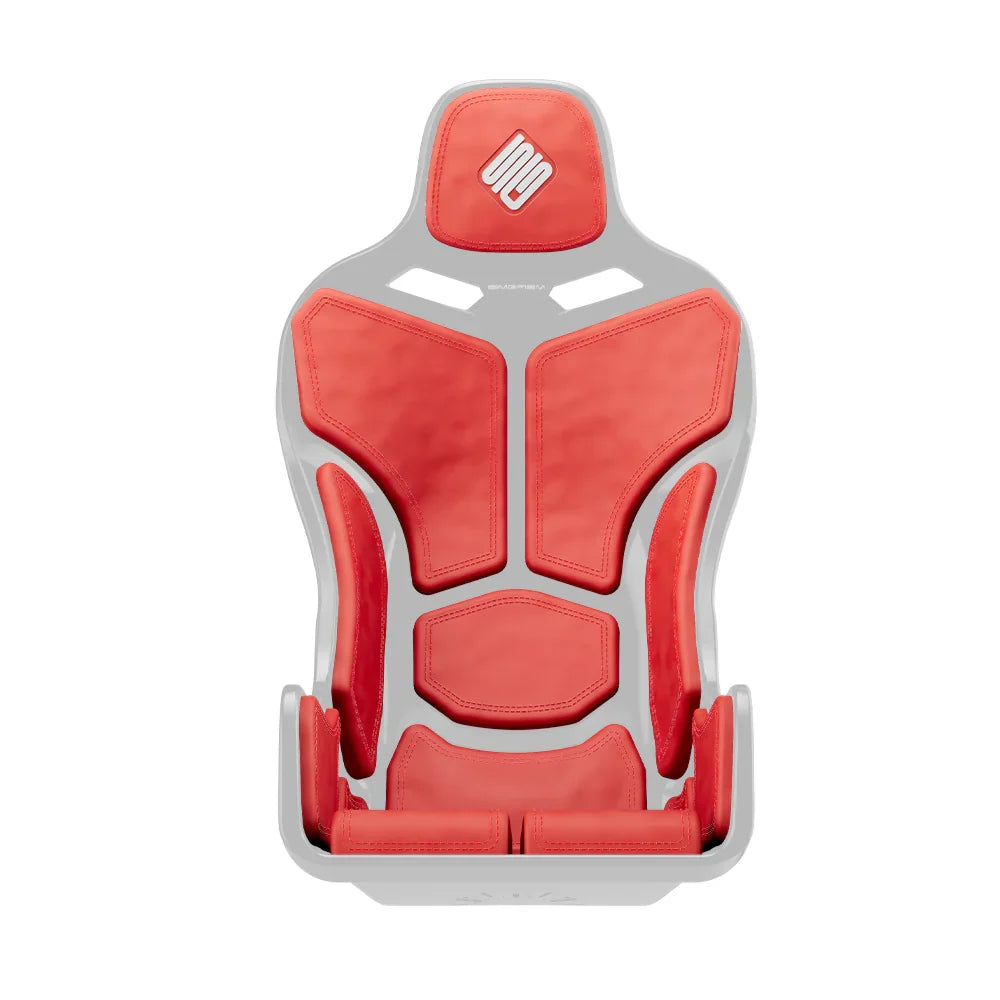Black-shell SIMGASM Atlas Formula seat fitted with red cushions in a front three-quarter view