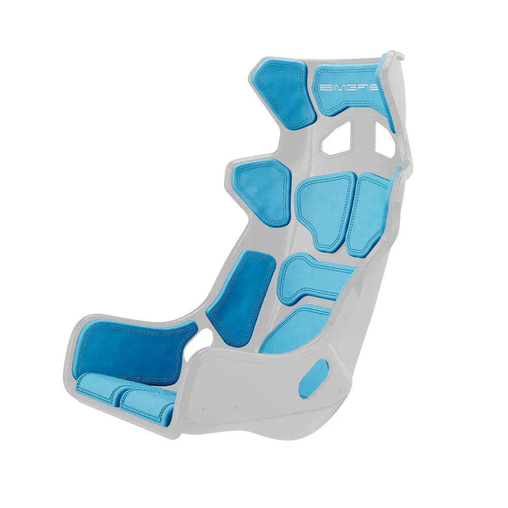 Blue Atlas GT cushions fitted to a white seat shell in three-quarter view
