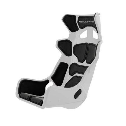 Black Atlas GT cushions fitted to a white seat shell in three-quarter view