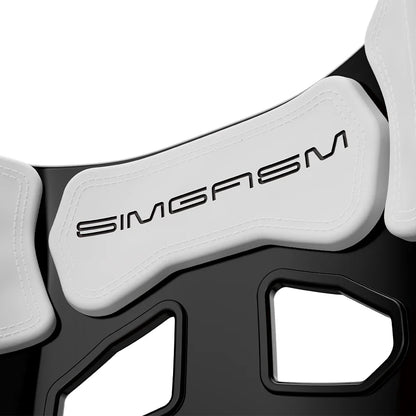 Close-up of the white upper backrest cushion on the black-shell SIMGASM Atlas GT seat