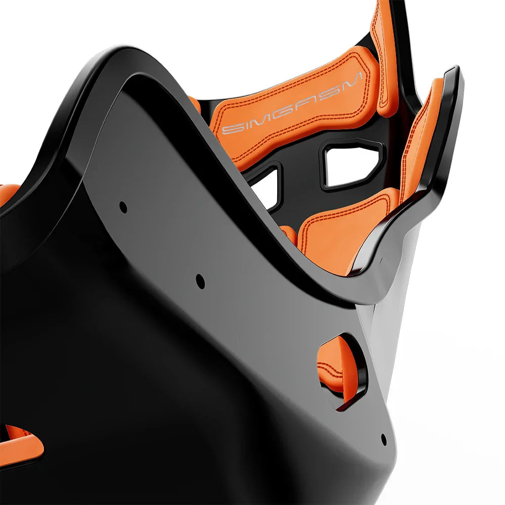 Close-up of the orange cushions and side shell on the black-shell SIMGASM Atlas GT seat