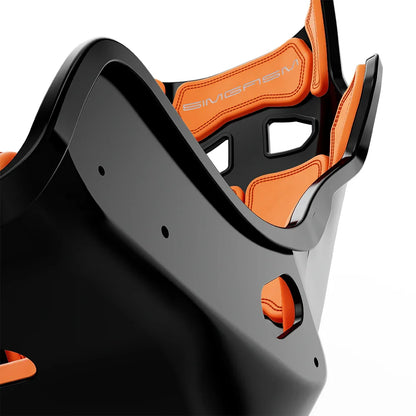 Close-up of the orange cushions and side shell on the black-shell SIMGASM Atlas GT seat