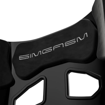 Close-up of the black upper backrest cushion on the black-shell SIMGASM Atlas GT seat