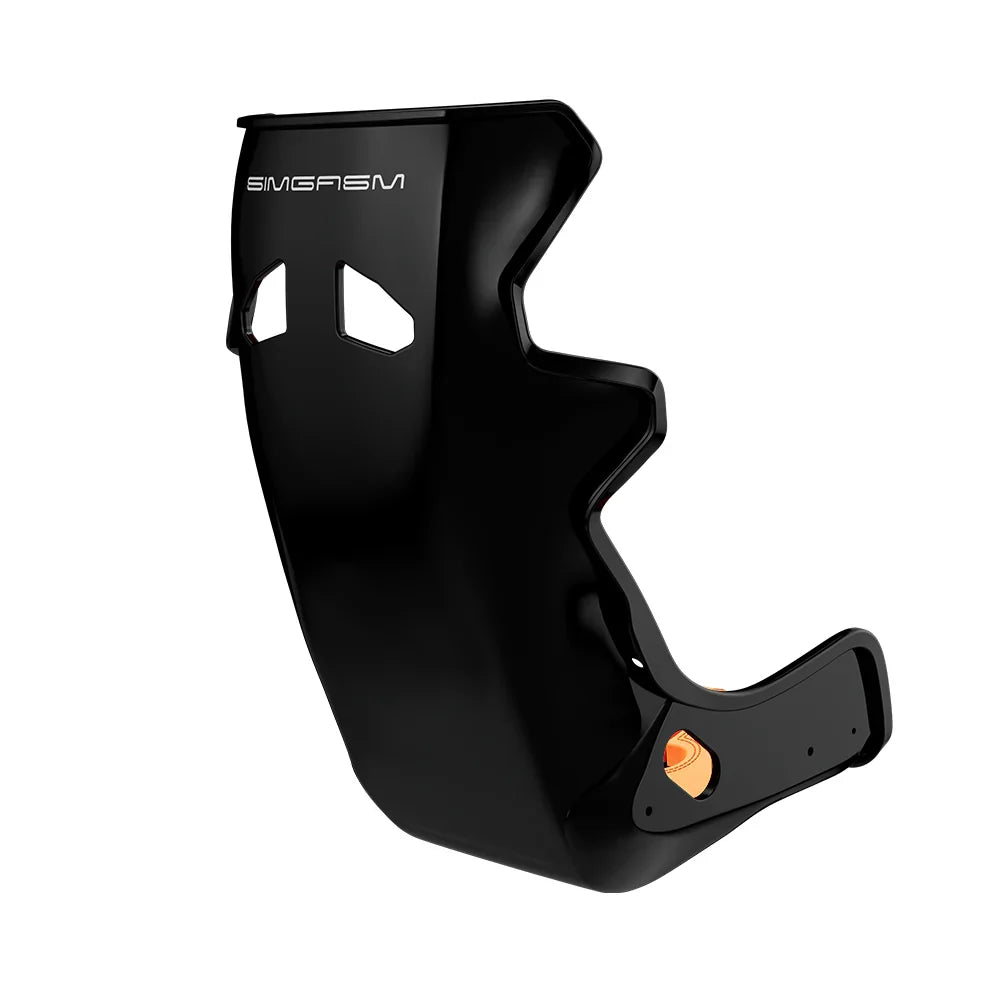 Rear three-quarter view showing orange side trim on the black-shell SIMGASM Atlas GT seat