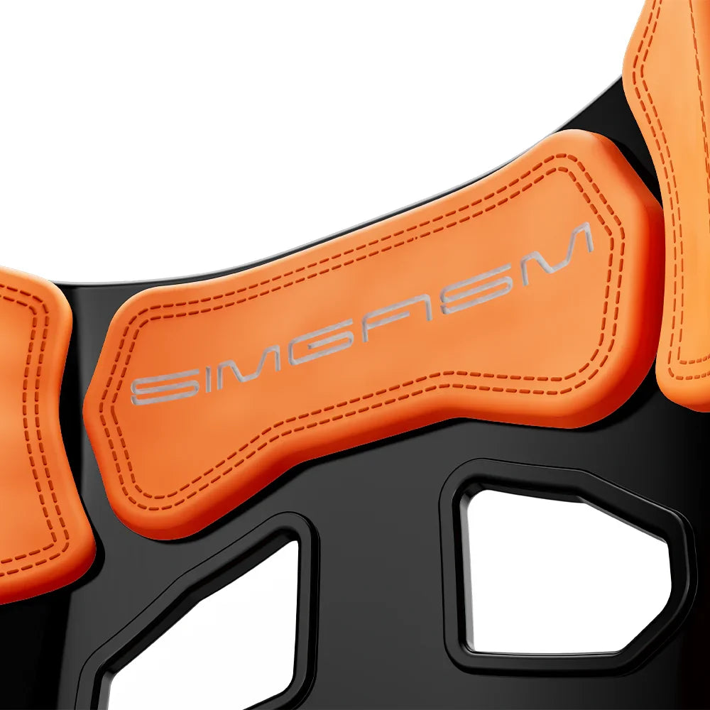 Close-up of the orange upper backrest cushion on the black-shell SIMGASM Atlas GT seat