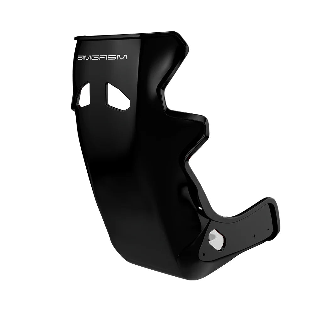 Rear three-quarter view showing white side trim on the black-shell SIMGASM Atlas GT seat
