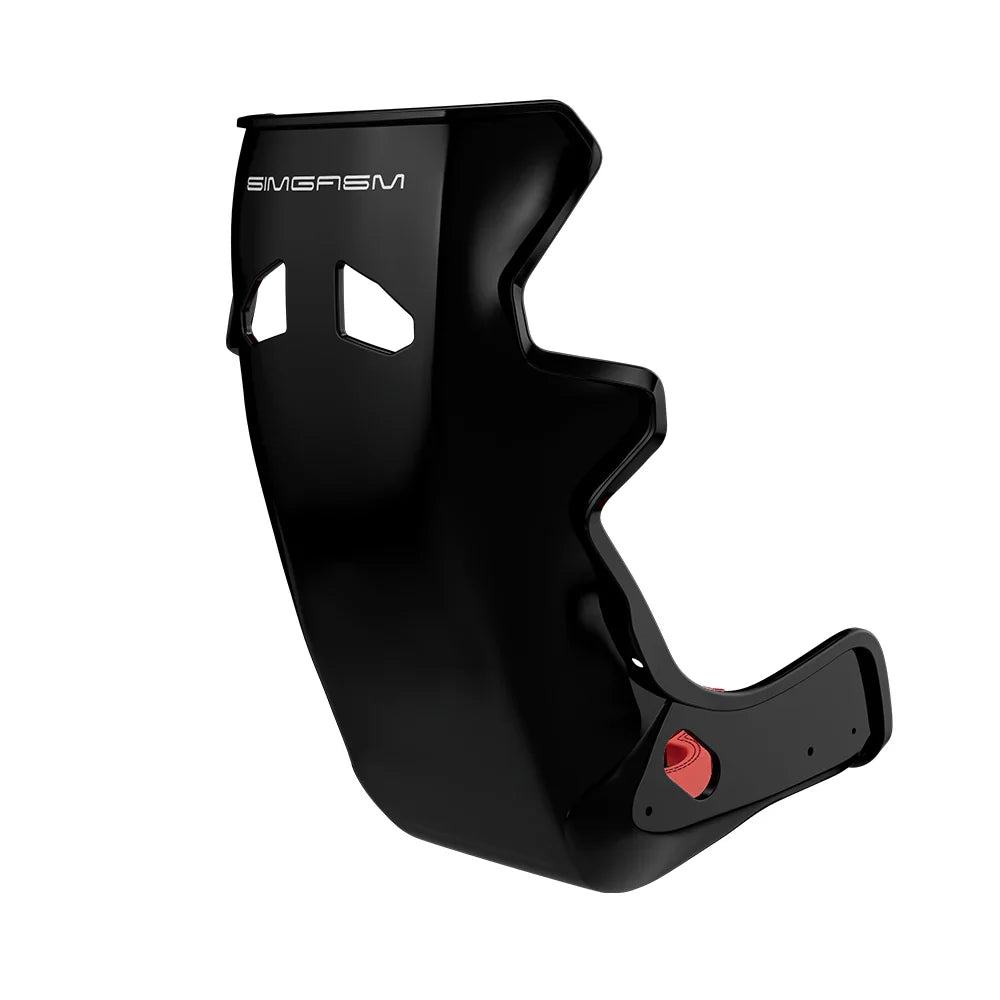 Rear three-quarter view showing red side trim on the black-shell SIMGASM Atlas GT seat
