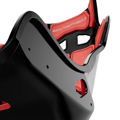Close-up of the red cushions and side shell on the black-shell SIMGASM Atlas GT seat