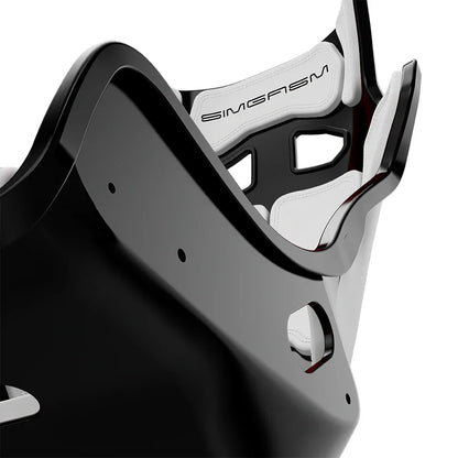 Close-up of the white cushions and side shell on the black-shell SIMGASM Atlas GT seat