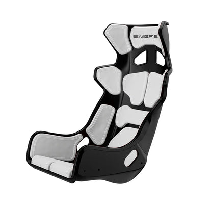 Black-shell SIMGASM Atlas GT seat fitted with white cushions in a front three-quarter view