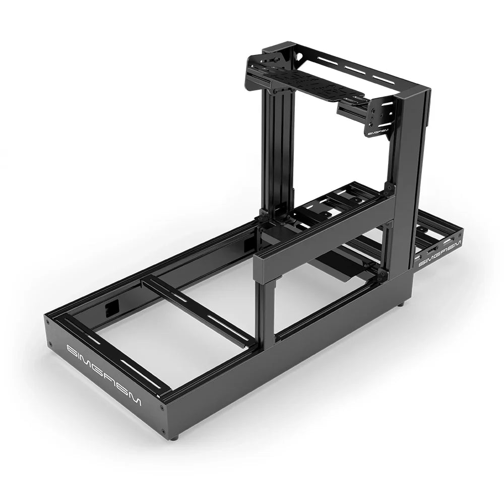 Black SIMGASM Sport sim racing cockpit with bottom wheel mount, elevated rear three-quarter view