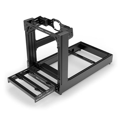 Black SIMGASM Sport sim racing cockpit with front wheel mount, elevated front three-quarter view