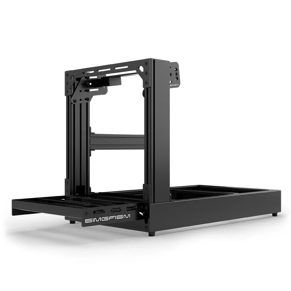 Black SIMGASM Sport sim racing cockpit with bottom wheel mount, low front three-quarter view