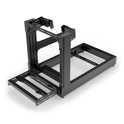 Black SIMGASM Sport sim racing cockpit with side wheel mount, elevated front three-quarter view