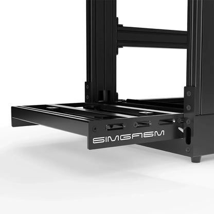 Black SIMGASM Sport sim racing cockpit, close-up of the pedal tray and SIMGASM logo plate