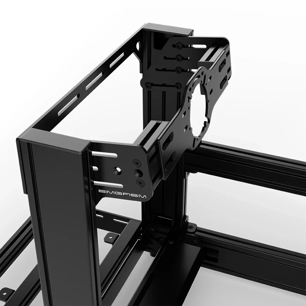 Black SIMGASM Sport sim racing cockpit with front wheel mount, mounting hardware close-up