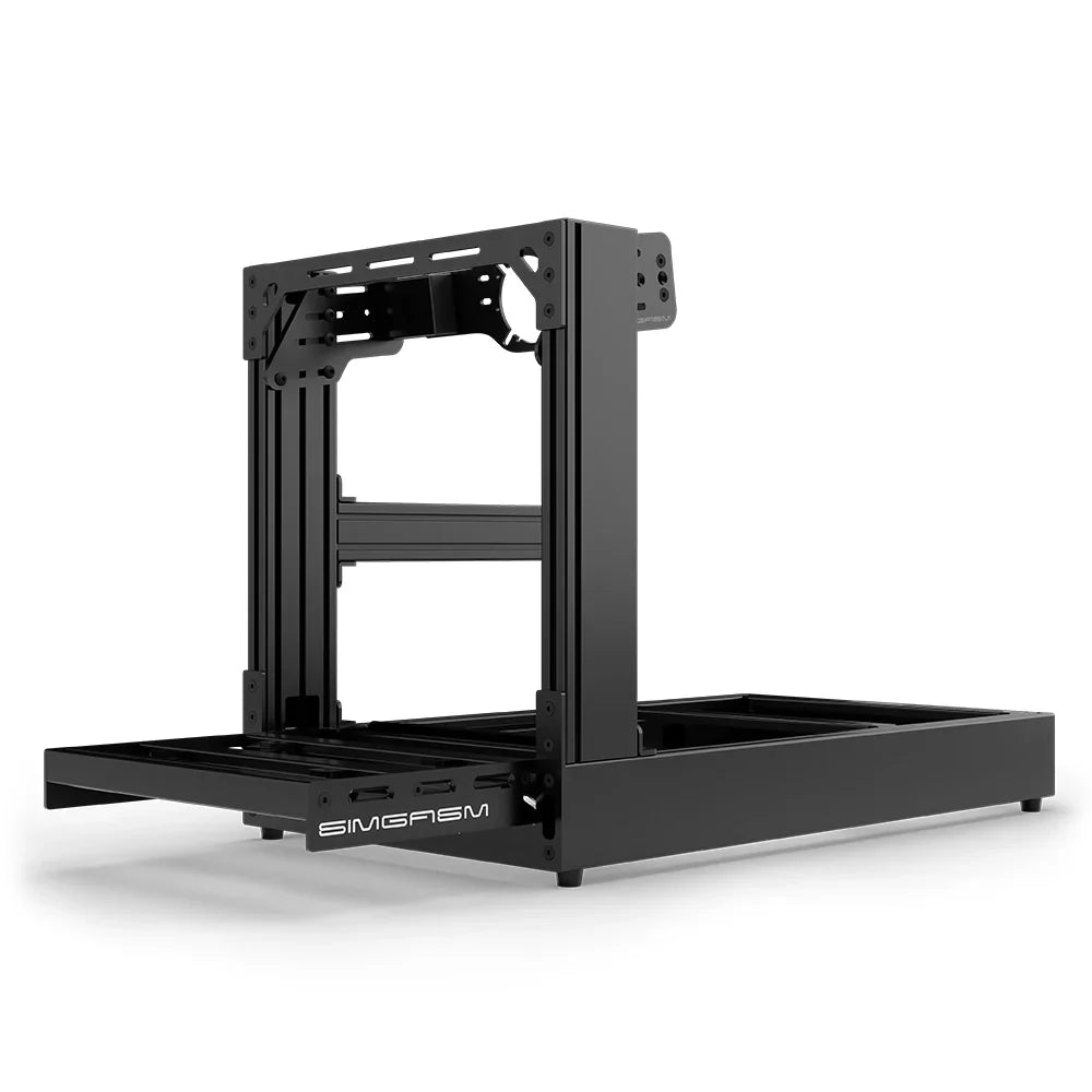 Black SIMGASM Sport sim racing cockpit with front wheel mount, low front three-quarter view