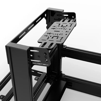 Black SIMGASM Sport sim racing cockpit with bottom wheel mount, mounting hardware close-up