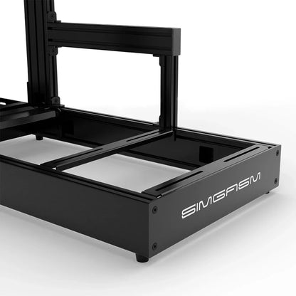 Black SIMGASM Sport sim racing cockpit, close-up of the seat rails and SIMGASM logo end plate