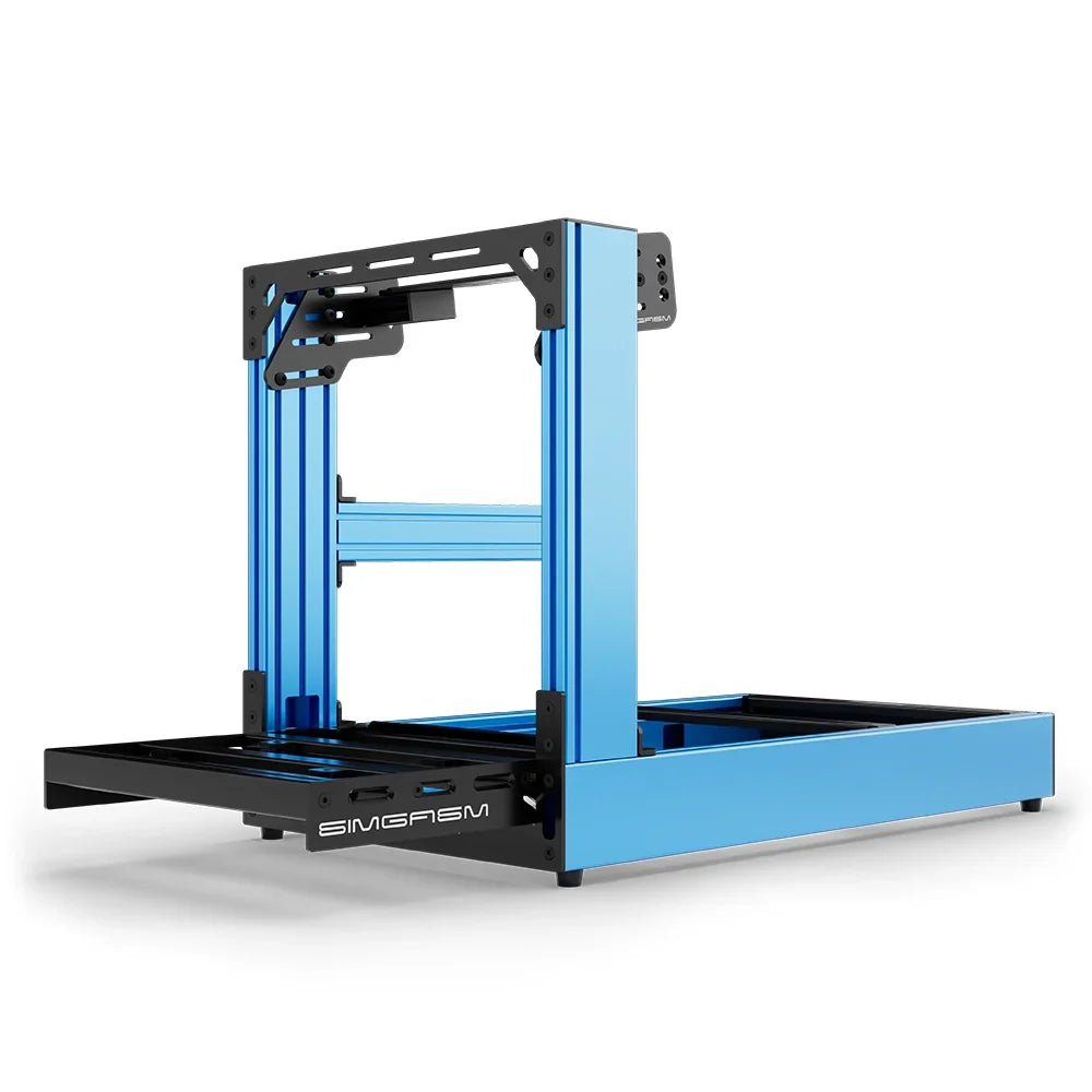 Blue SIMGASM Sport sim racing cockpit with bottom wheel mount, low front three-quarter view