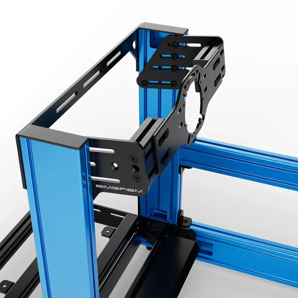 Blue SIMGASM Sport sim racing cockpit with front wheel mount, mounting hardware close-up