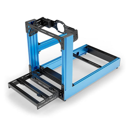 Blue SIMGASM Sport sim racing cockpit with front wheel mount, elevated front three-quarter view