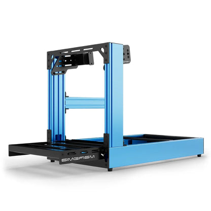 Blue SIMGASM Sport sim racing cockpit with side wheel mount, low front three-quarter view