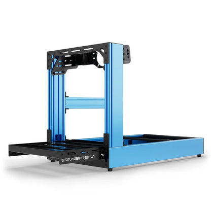 Blue SIMGASM Sport sim racing cockpit with front wheel mount, low front three-quarter view