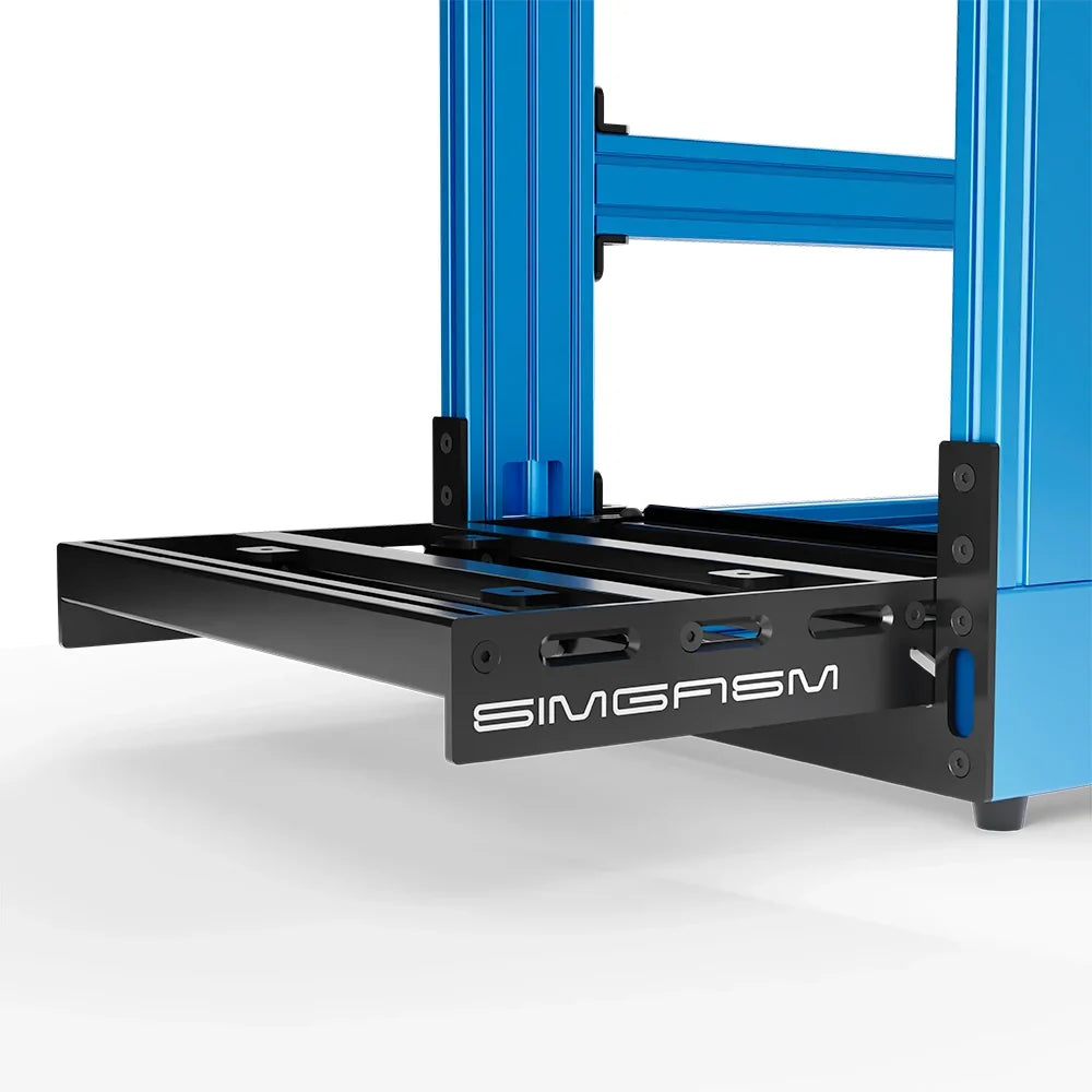 Blue SIMGASM Sport sim racing cockpit, close-up of the pedal tray and SIMGASM logo plate
