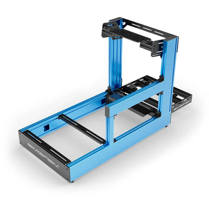Blue SIMGASM Sport sim racing cockpit with bottom wheel mount, elevated rear three-quarter view