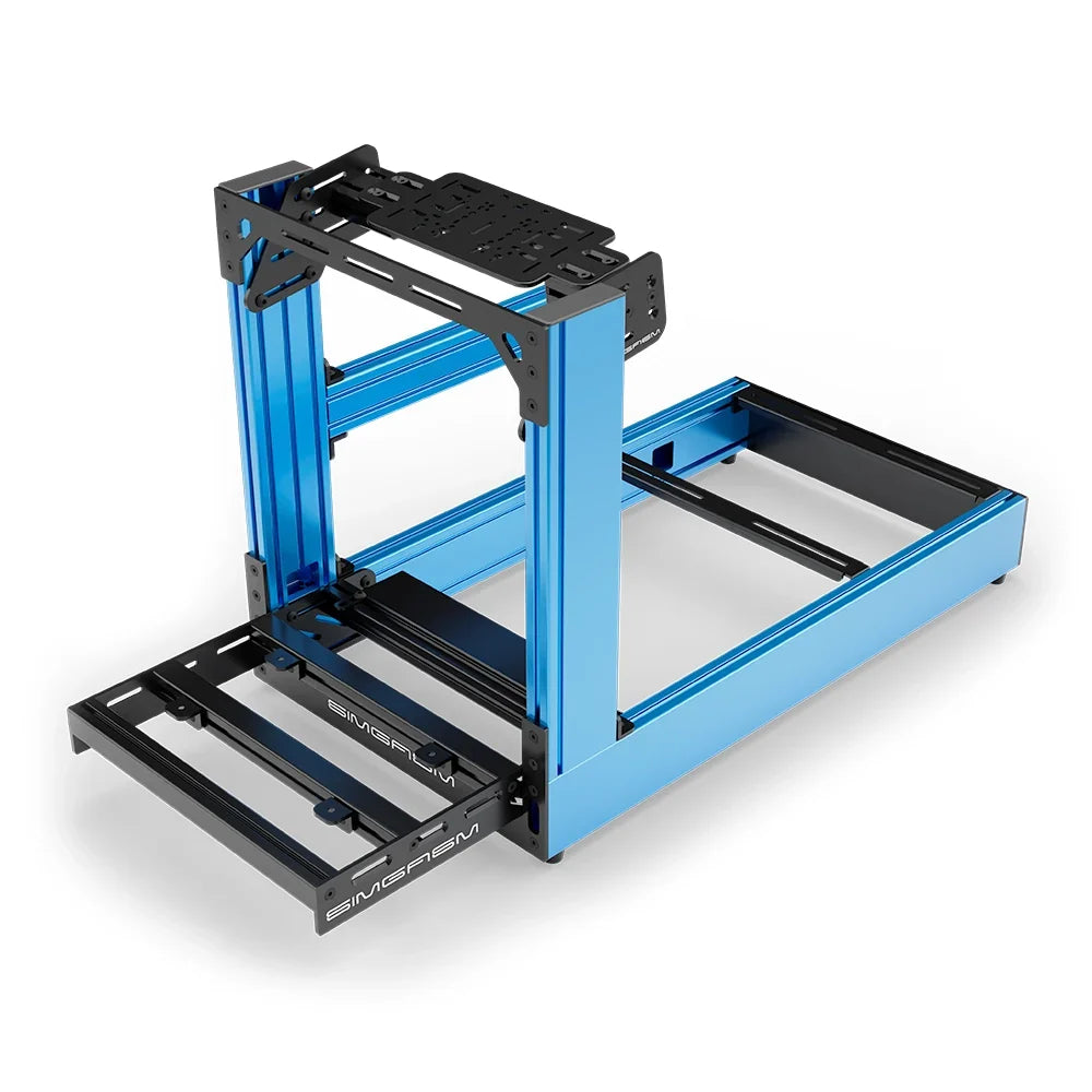 Blue SIMGASM Sport sim racing cockpit with bottom wheel mount, elevated front three-quarter view