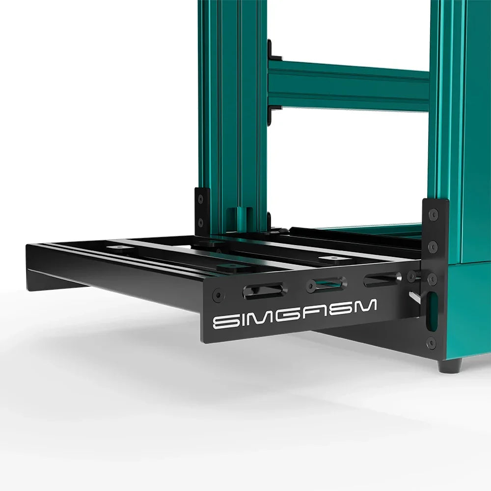 Green SIMGASM Sport sim racing cockpit, close-up of the pedal tray and SIMGASM logo plate