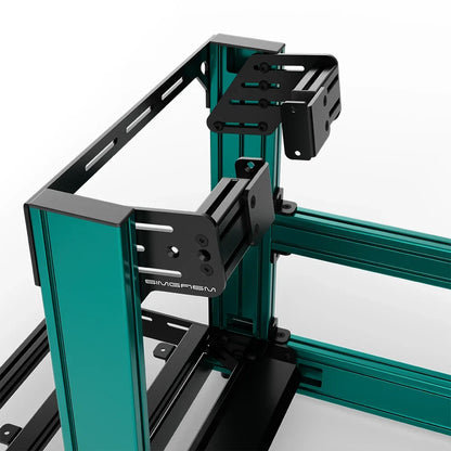 Green SIMGASM Sport sim racing cockpit with side wheel mount, mounting hardware close-up