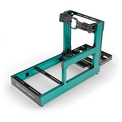 Green SIMGASM Sport sim racing cockpit with front wheel mount, elevated rear three-quarter view