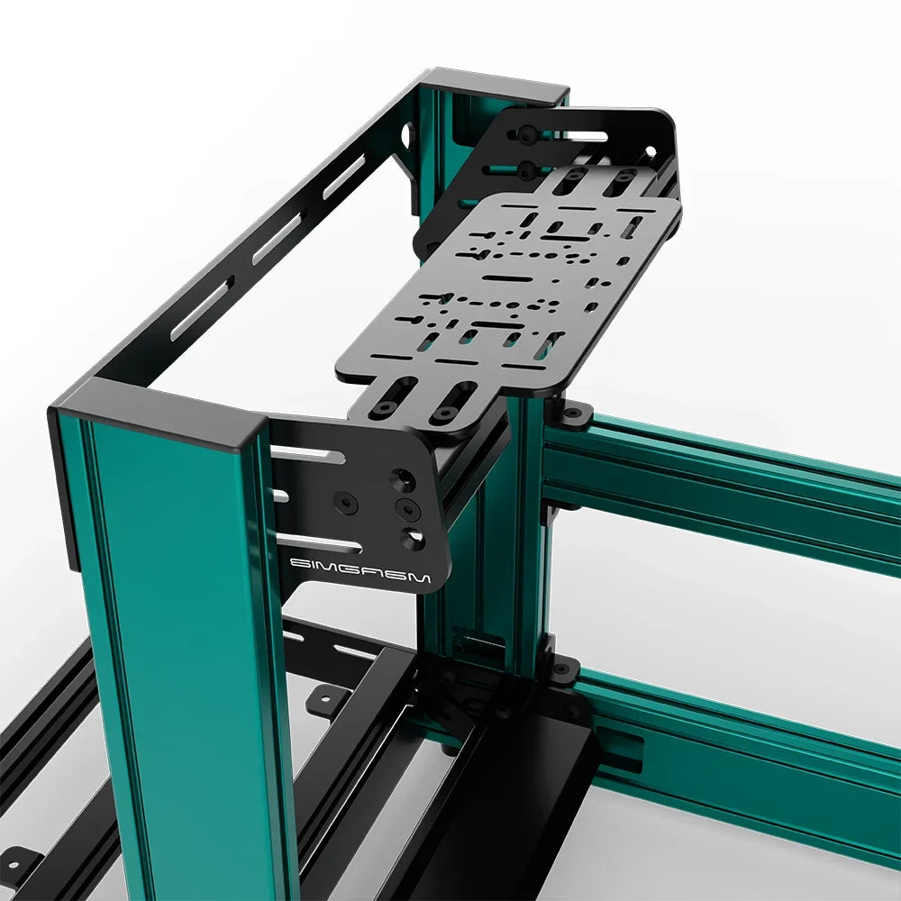 Green SIMGASM Sport sim racing cockpit with bottom wheel mount, mounting hardware close-up