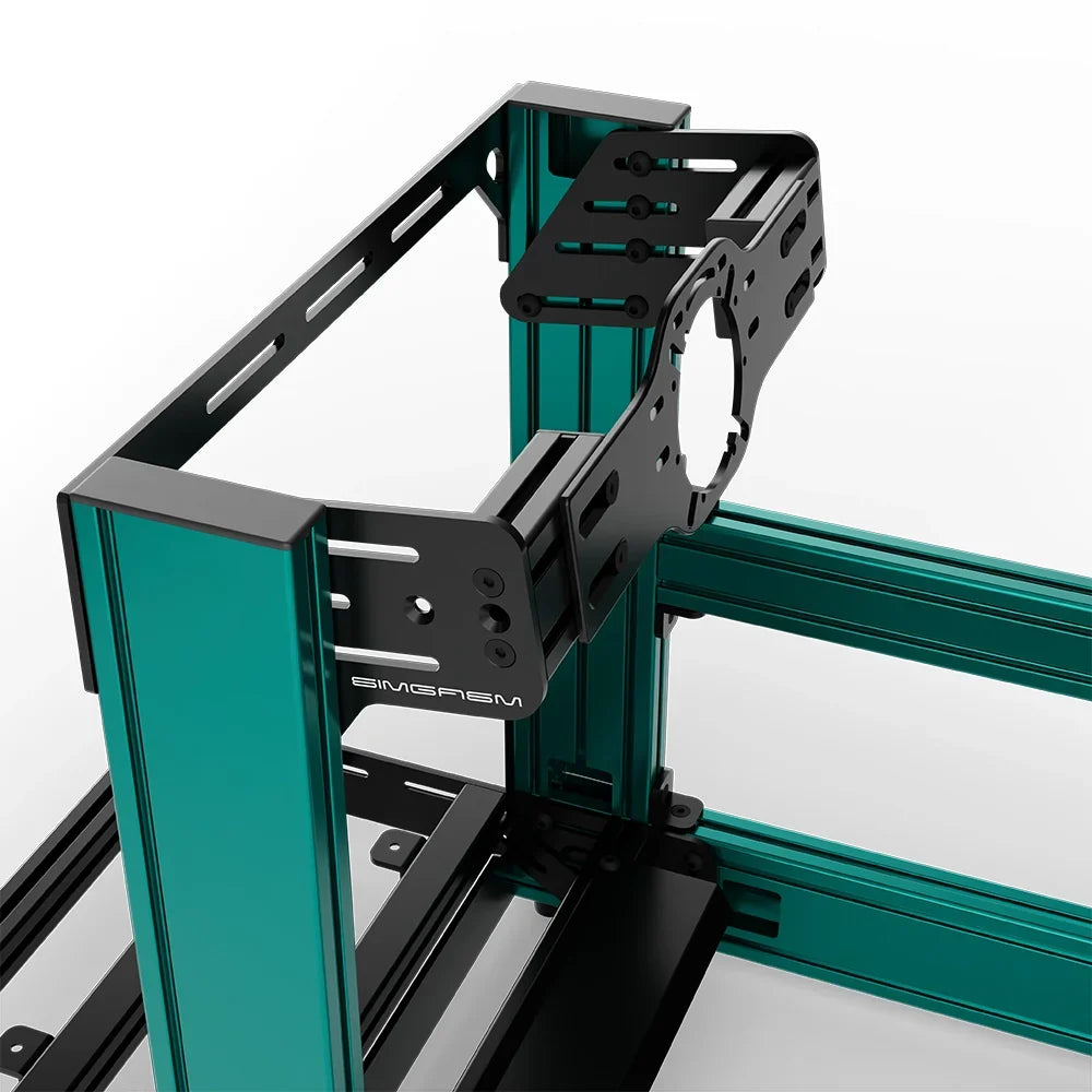 Green SIMGASM Sport sim racing cockpit with front wheel mount, mounting hardware close-up