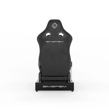 White SIMGASM Sport sim racing cockpit with MOZA gear and black reclining seat, direct rear view
