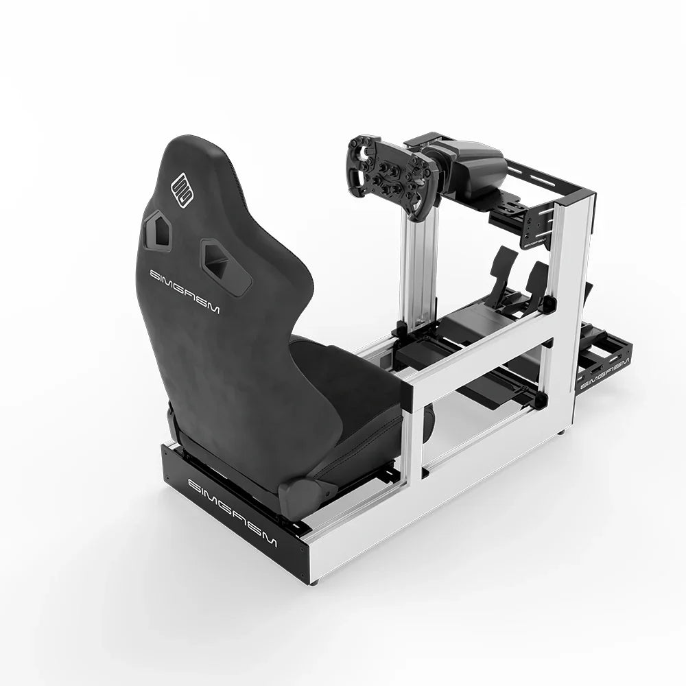 White SIMGASM Sport sim racing cockpit with MOZA gear and black reclining seat, rear three-quarter view